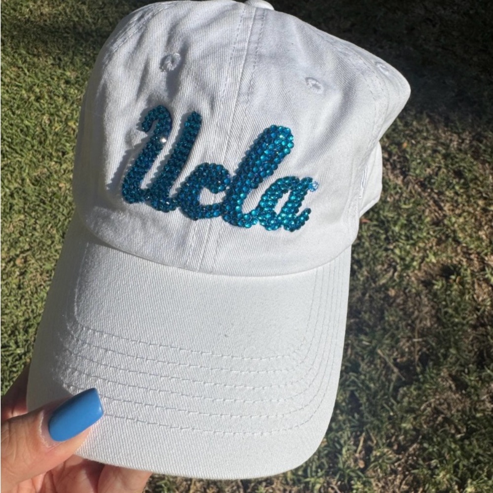 White UCLA Cap with Blue Rhinestone Logo